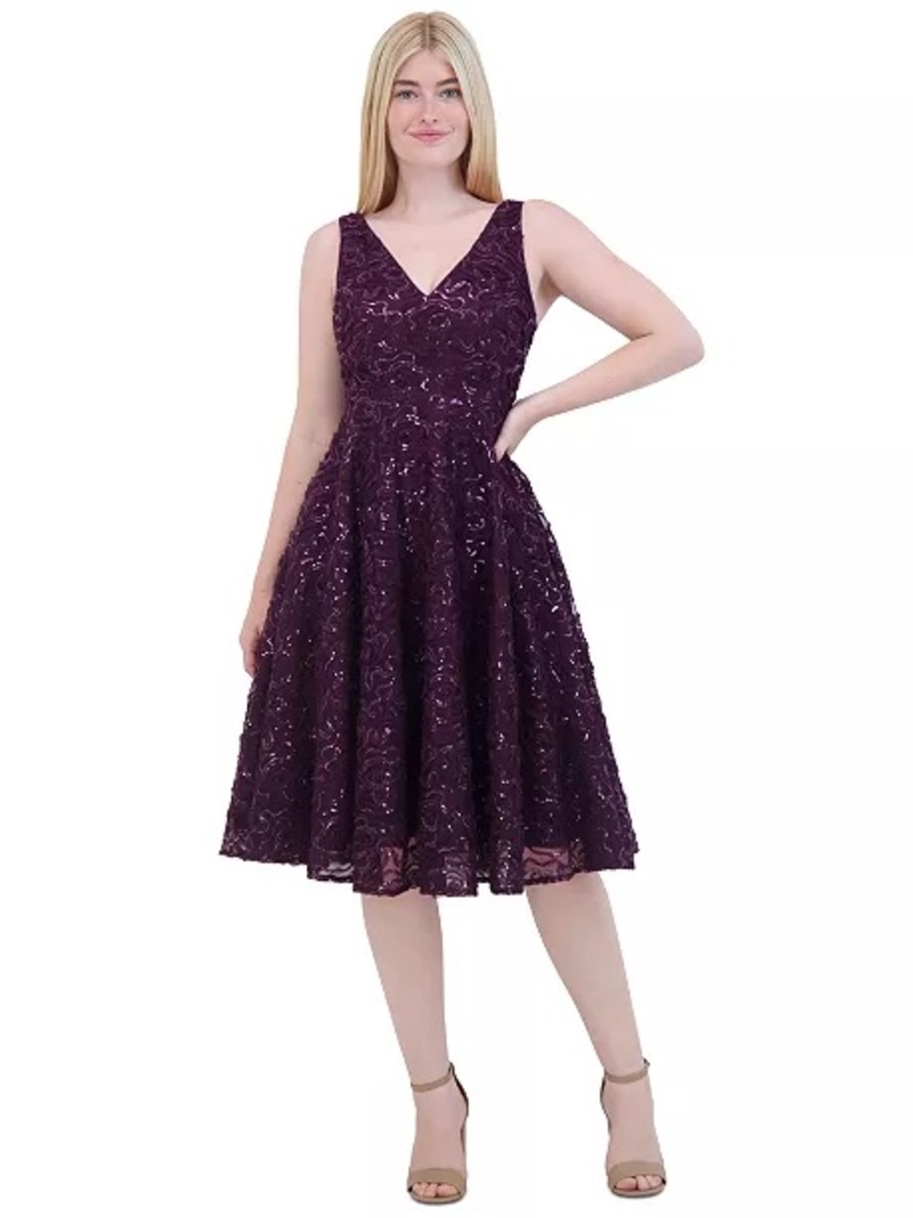 Eliza J Plum Lace A-Line V-Neck Cocktail Dress